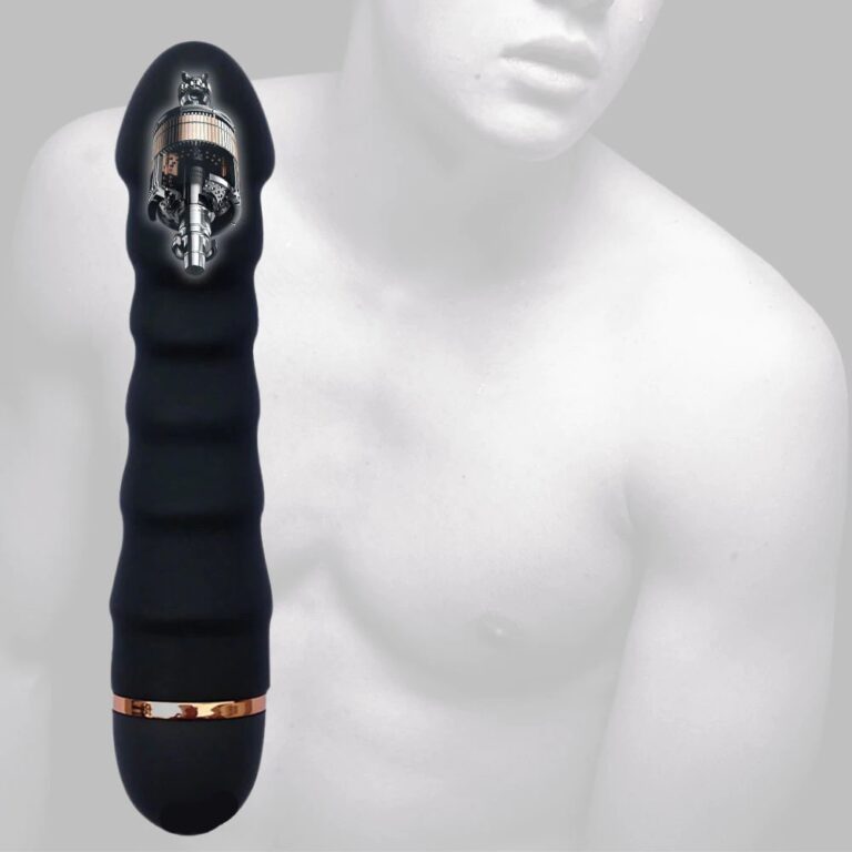 E-48 RidgePulse vibrator with textured design, shown in close-up view, highlighting its ergonomic shape and surface details.