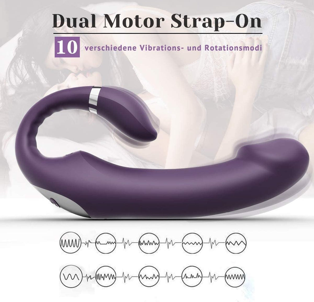 E-34 Doppel Feuer strap-on-vibrator with adjustable straps and dual vibrating tips, purple silicone, designed for versatile pleasure.