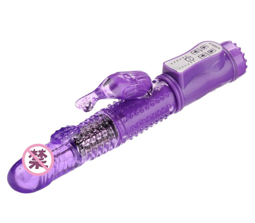 CrystalPearl Rotating Thrusting Rabbit Vibrator by F-36, close-up of the pink silicone vibrator with rotating and thrusting features.