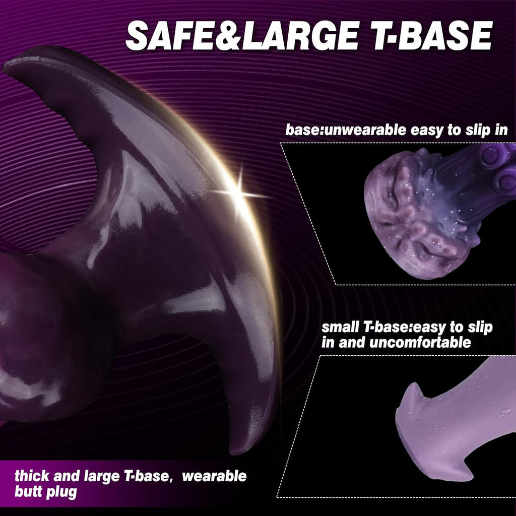 Purple inflatable anal plug by C-21, the "Violetter Riese," showing the fully inflated and deflated states.