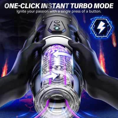 A-31 VortexX Pulse 3D male masturbator with rotating and pounding action, USB rechargeable, shown with sleek black design and control buttons.