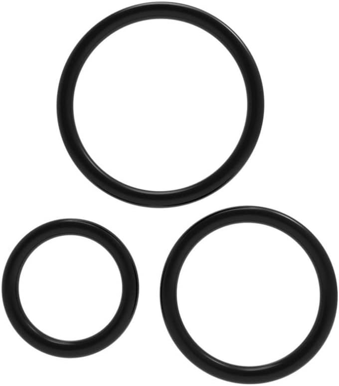 Black silicone cock ring set with three adjustable rings, designed for enhanced intimacy and comfort.