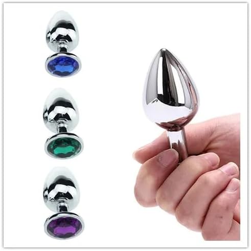 A-LuxeGem stainless steel butt plug with crystal detail, waterproof, weighing 55g, in various stone colors, designed for BDSM and anal play.