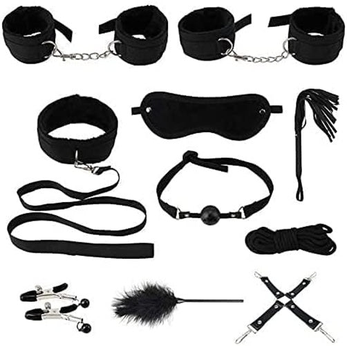 Beginner BDSM bondage set by B-13 and B-21, includes handcuffs, blindfold, and restraint straps for adult play