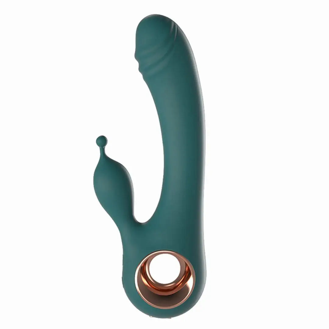 AntlerKiss C-33 dual motor rabbit vibrator with textured surface and dual stimulating extensions, pink color, on a white background.