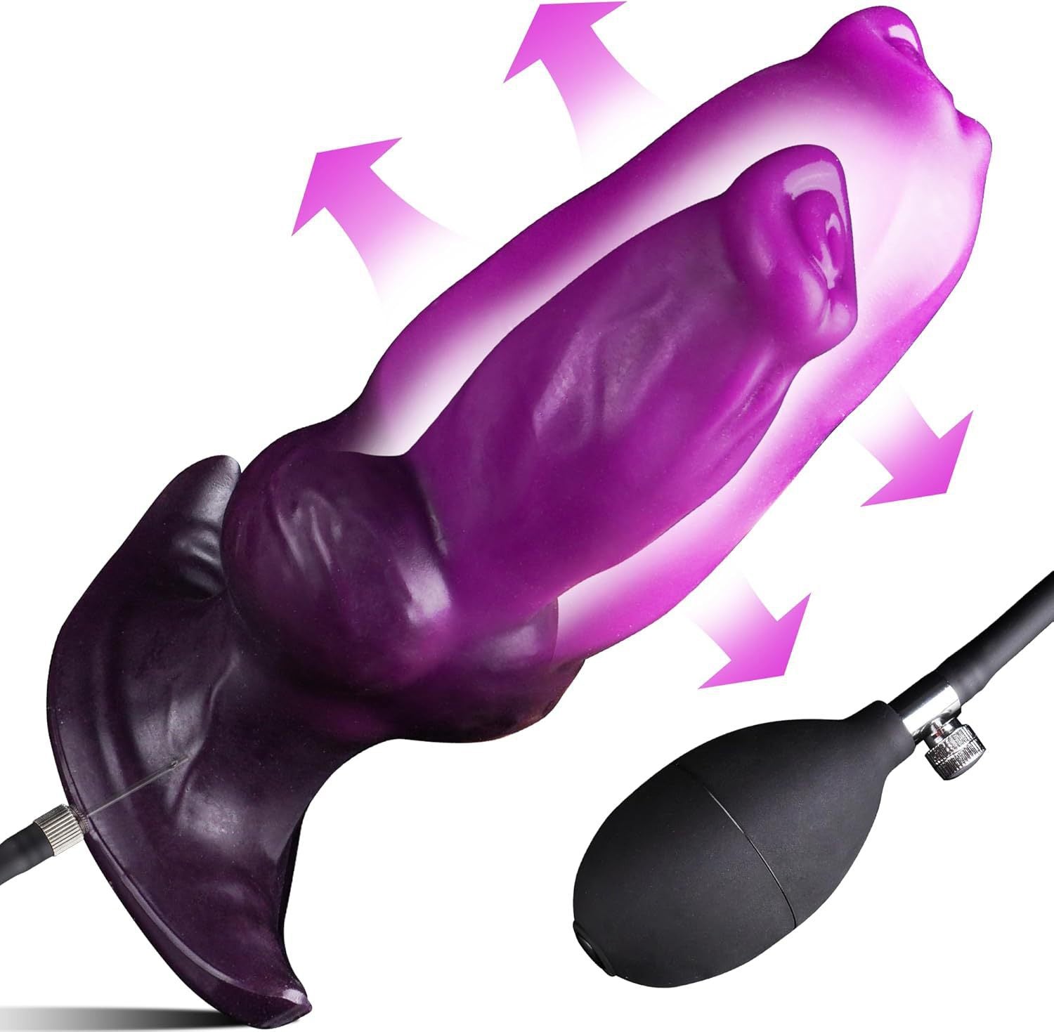 Purple inflatable anal plug by C-21, the "Violetter Riese," shown deflated and ready for use in a close-up image.