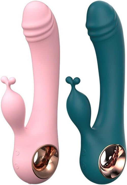 C-33 AntlerKiss dual motor rabbit vibrator with textured shaft and clitoral stimulator, pink silicone body, and control buttons.