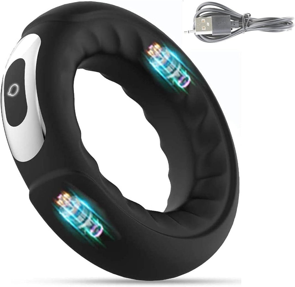 A-44 LED cock ring with 10 vibration modes and LED display, shown on a male model for enhanced pleasure and customizable stimulation.