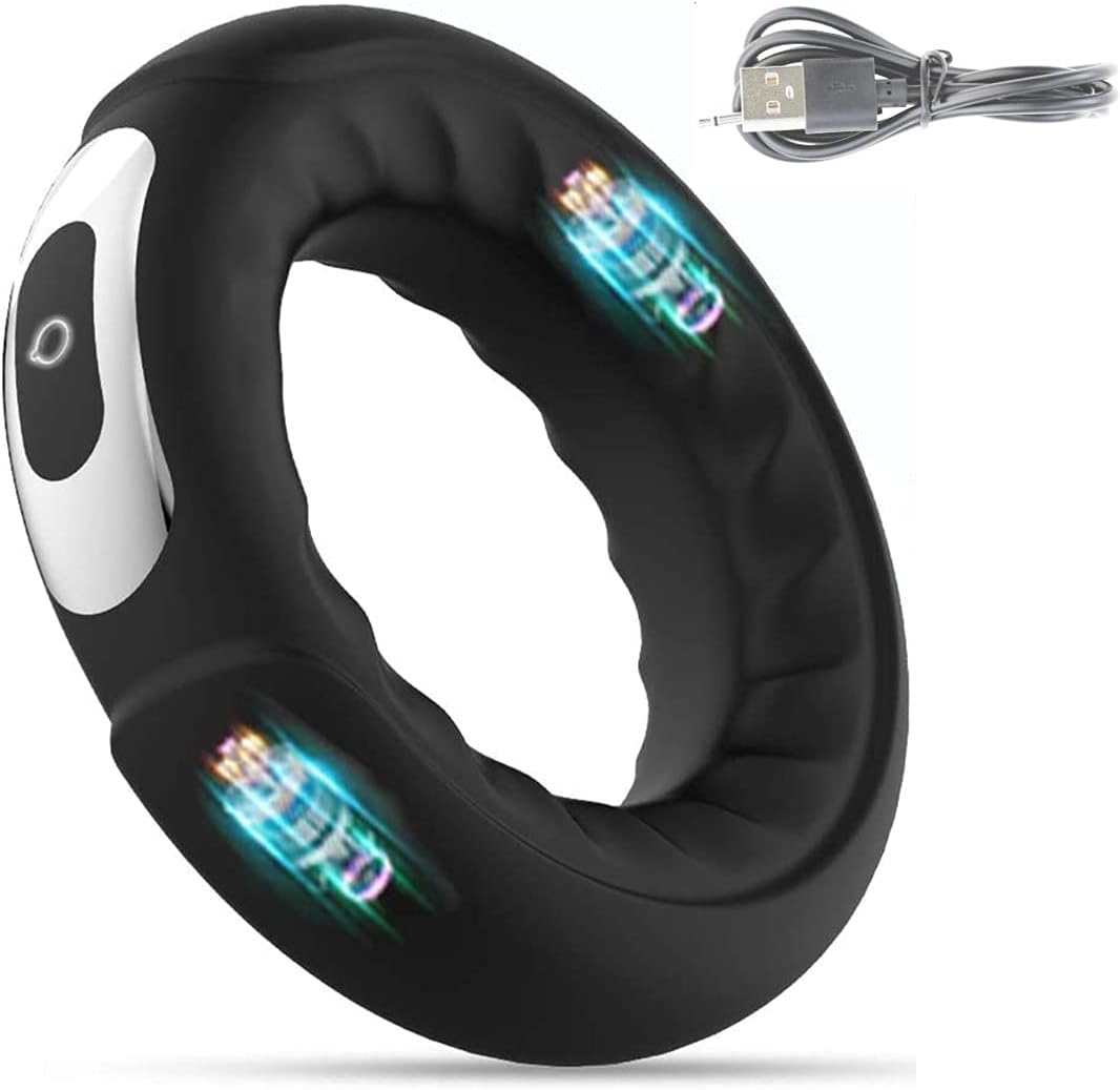 A-44 LED cock ring with 10 vibration modes and LED display, shown on a male model for enhanced pleasure and customizable stimulation.
