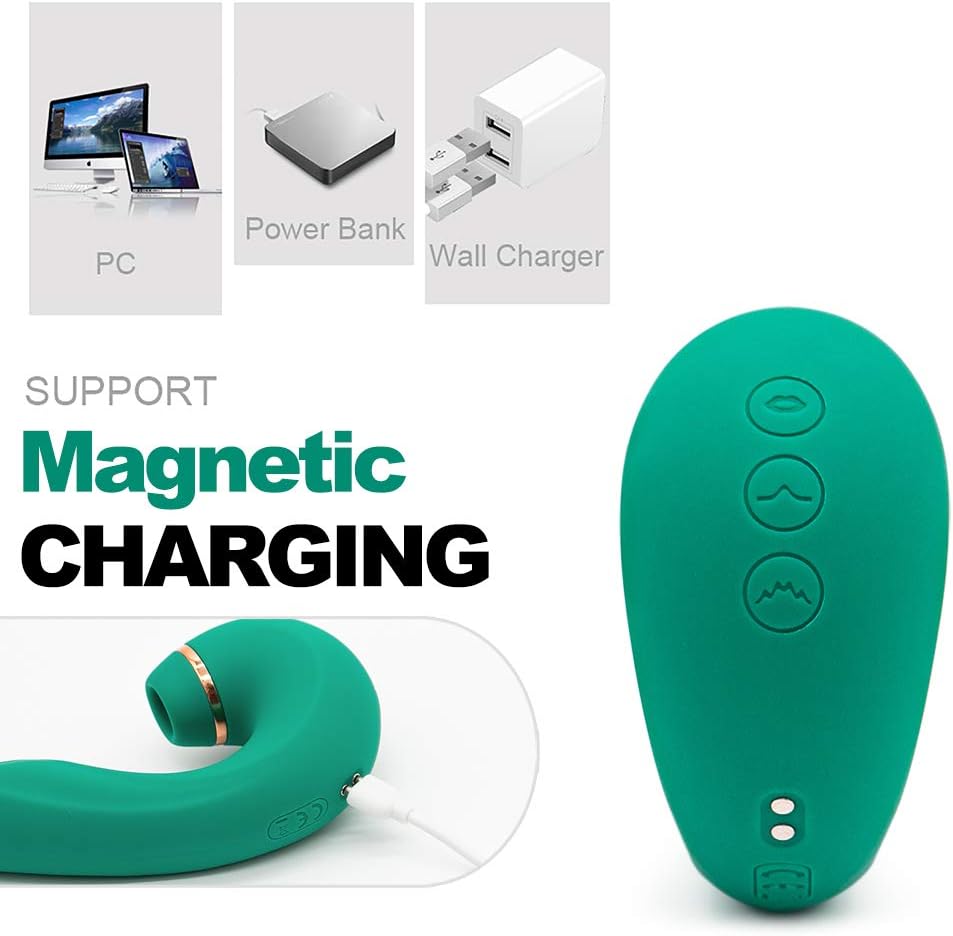 E-53 Green Tongue Slapper G-Spot vibrator with clitoral stimulator and licking function, shown with sleek design and textured surface.