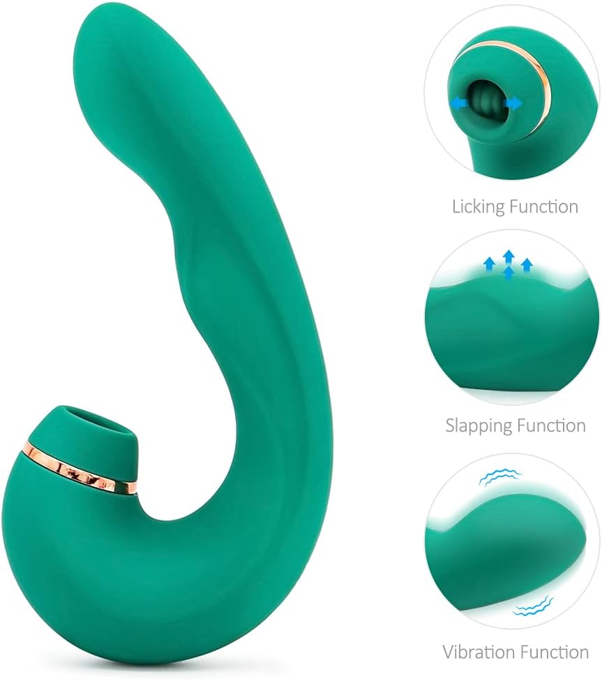 E-53 Green Tongue Slapper G-Spot vibrator with clitoral and licking functions, featuring a sleek design and textured surface.