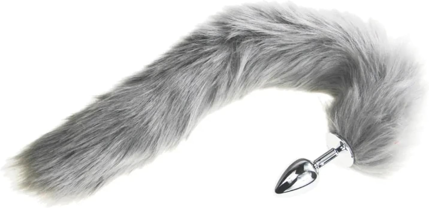 Grey, pink, and black fox tail plug from E-12, E-13, E-11 with a realistic furry tail and smooth anal insert.