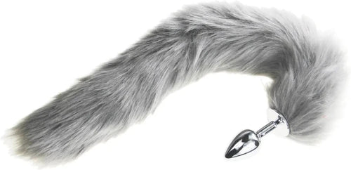 Grey, pink, and black fox tail plug from E-12, E-13, E-11 with a realistic furry tail and smooth anal insert.