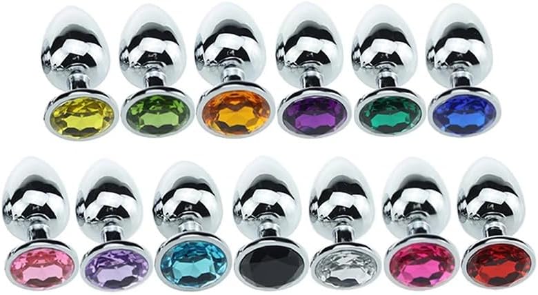 A LuxeGem stainless steel butt plug with crystal detail, waterproof, in various stone colors, designed for BDSM and anal play.