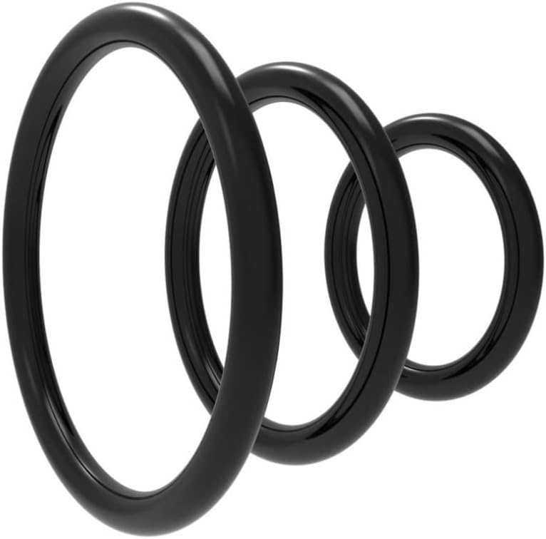 Set of three black silicone cock rings from E-52, showcasing flexible, smooth, and adjustable adult pleasure accessories.