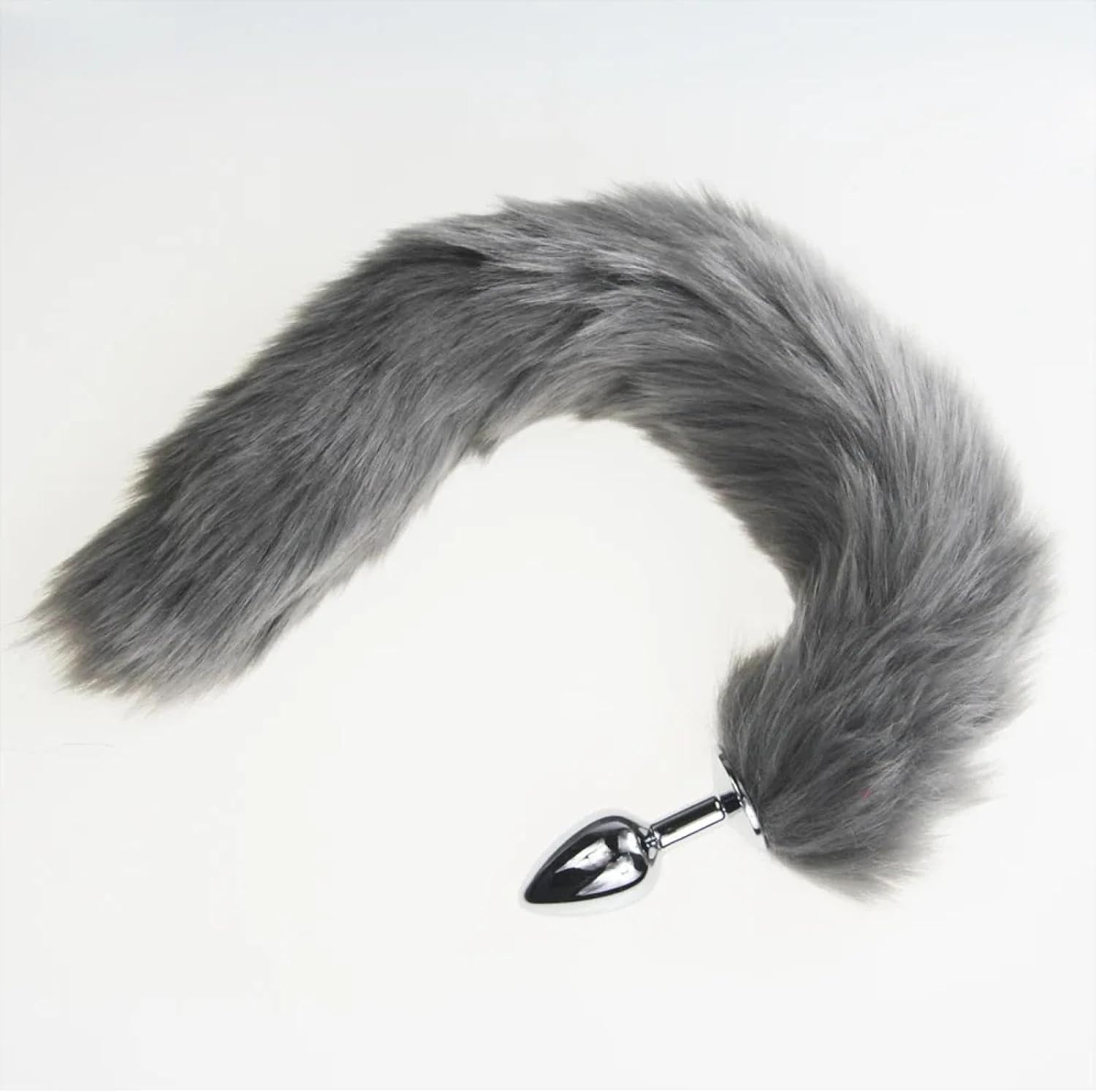 Grey, pink, and black fox tail plug from E-12, E-13, E-11 collection, featuring a realistic fox tail with an anal plug base.