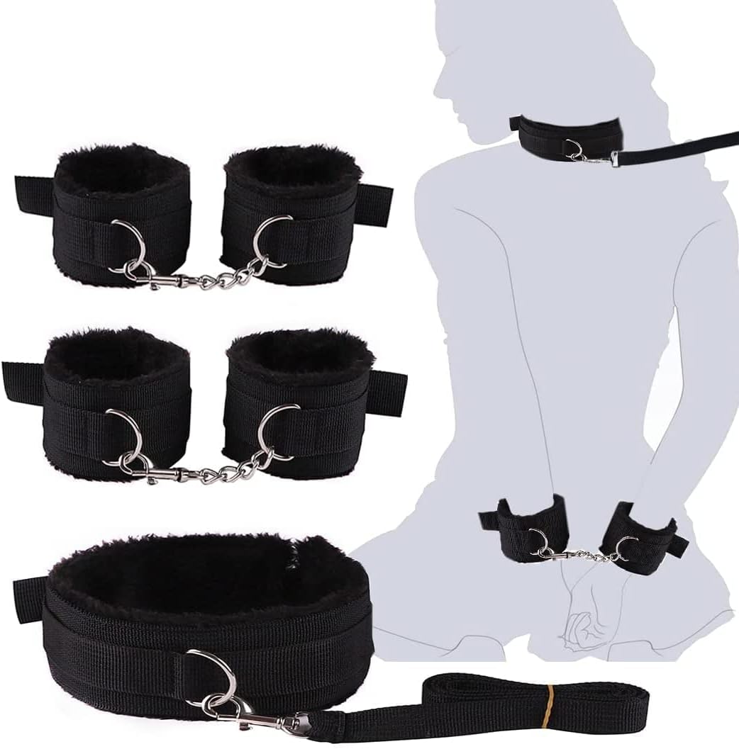 Beginner BDSM set from B-13 with handcuffs, blindfold, and rope for safe bondage play.