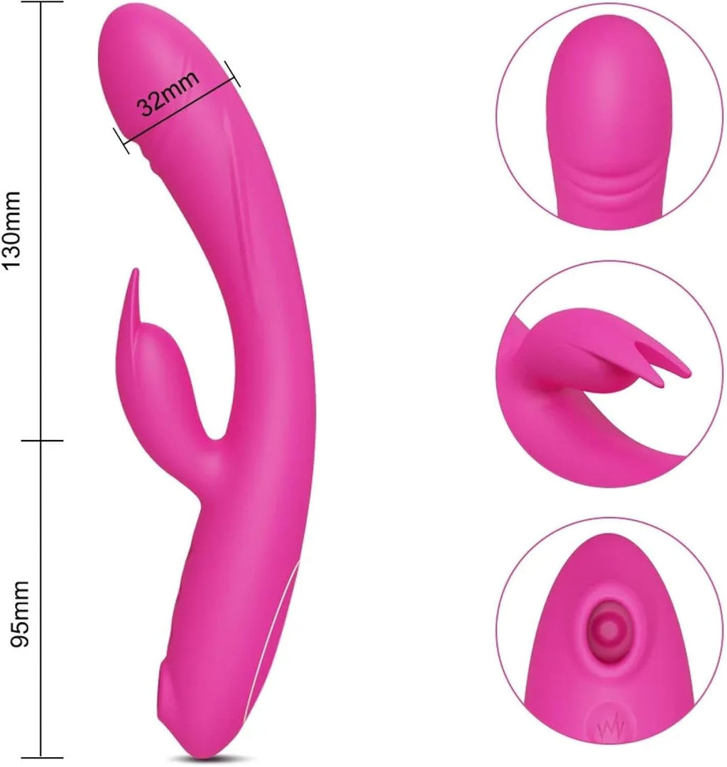 E-46 Doppelter Rabbit-Sturm vibrator with dual motors, pink silicone body, and textured design for enhanced pleasure.