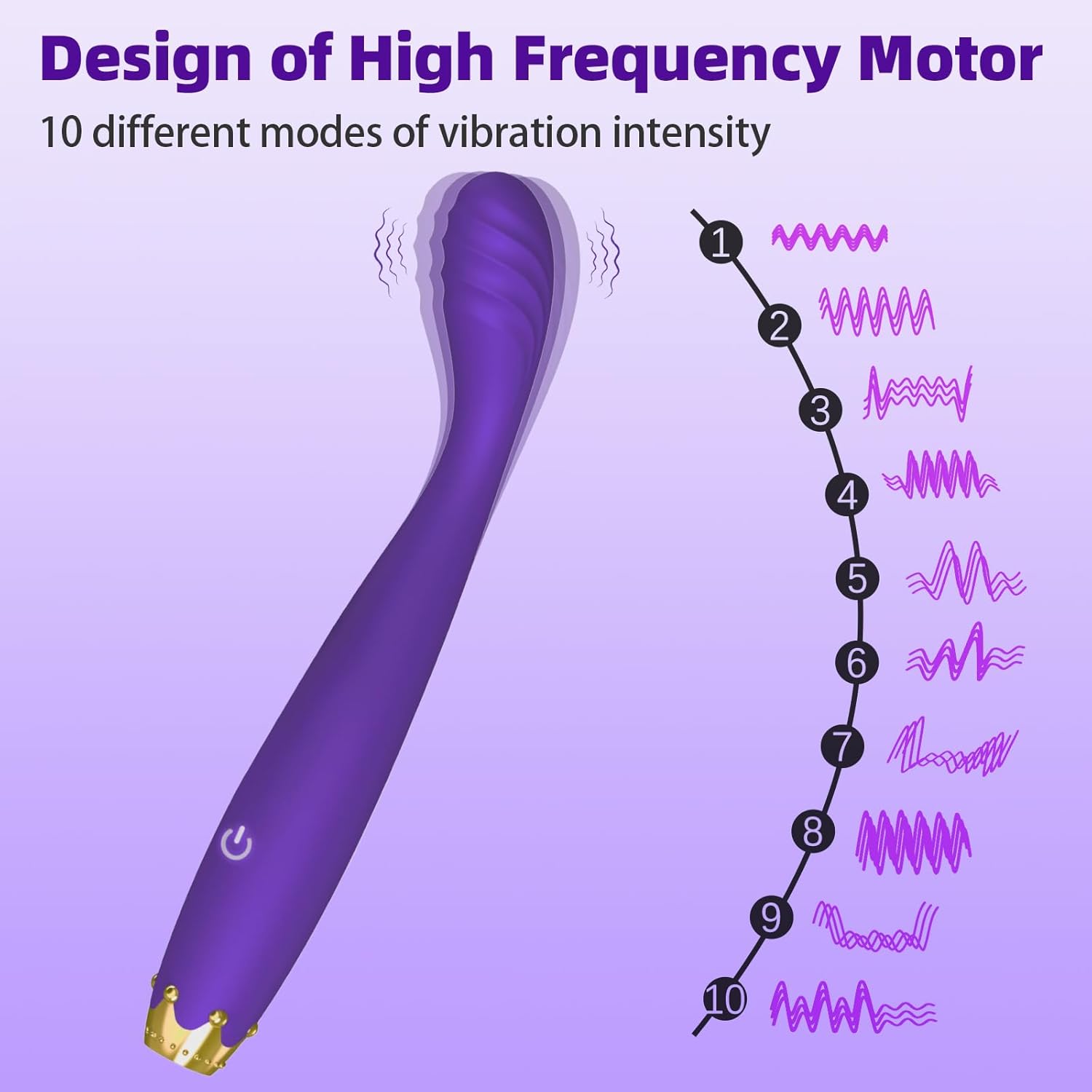 GoldenCrown Wave G-Spot Vibrator by F-43, close-up of sleek gold silicone design with wave texture and curved shape for G-spot stimulation