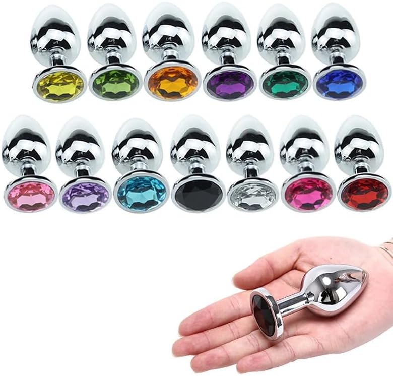A-46 LuxeGem stainless steel butt plug with crystal detail, waterproof, various stone colors, suitable for beginners and pros.