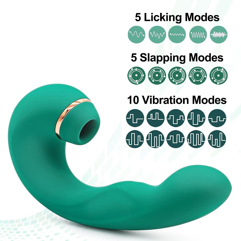 E-53 Green Tongue Slapper G-Spot vibrator with clitoral stimulator and licking function, shown with sleek ergonomic design and control buttons.
