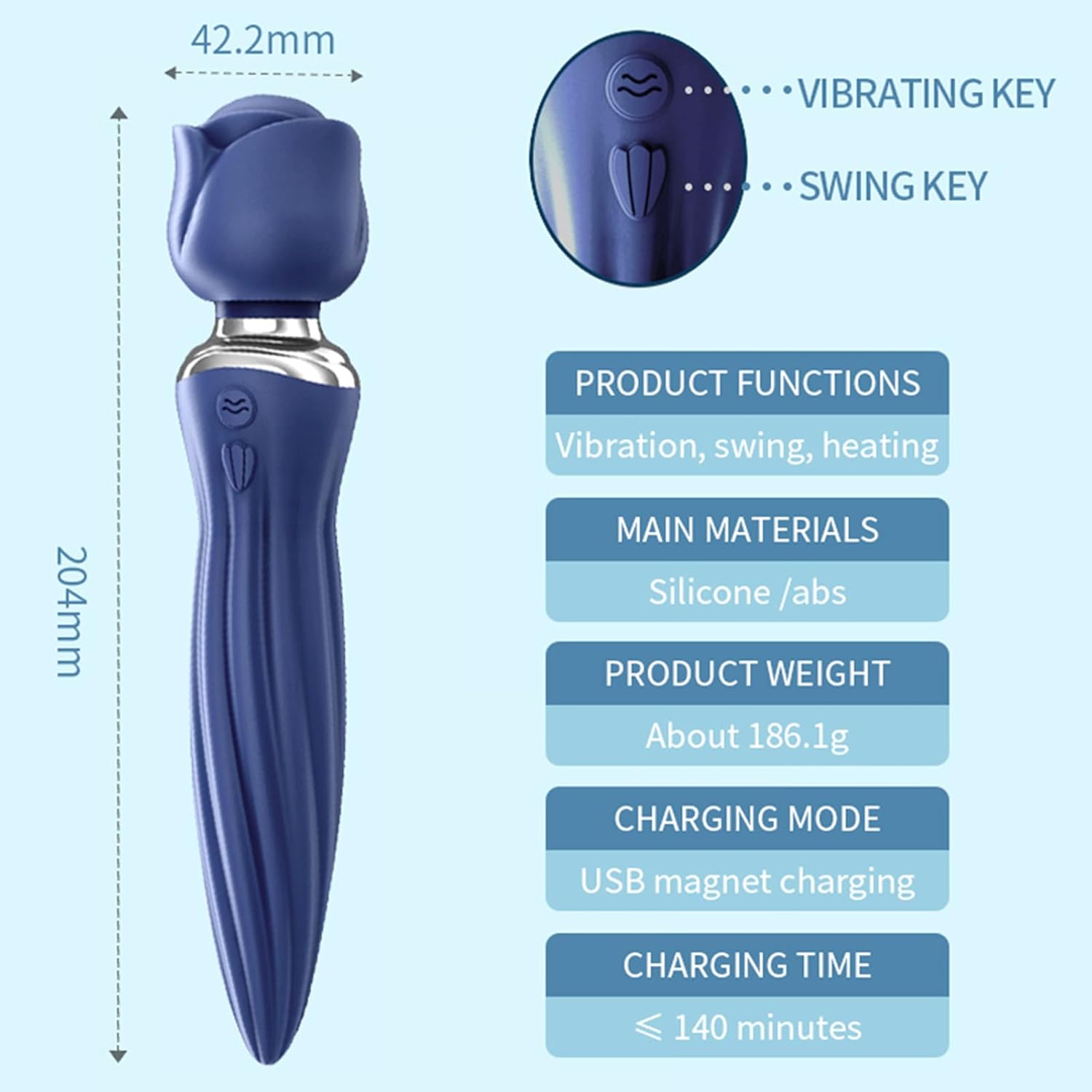 F-48 Rose Swing Vibrator with 360° rotation and warming feature, pink rose-shaped adult vibrator on a white background.