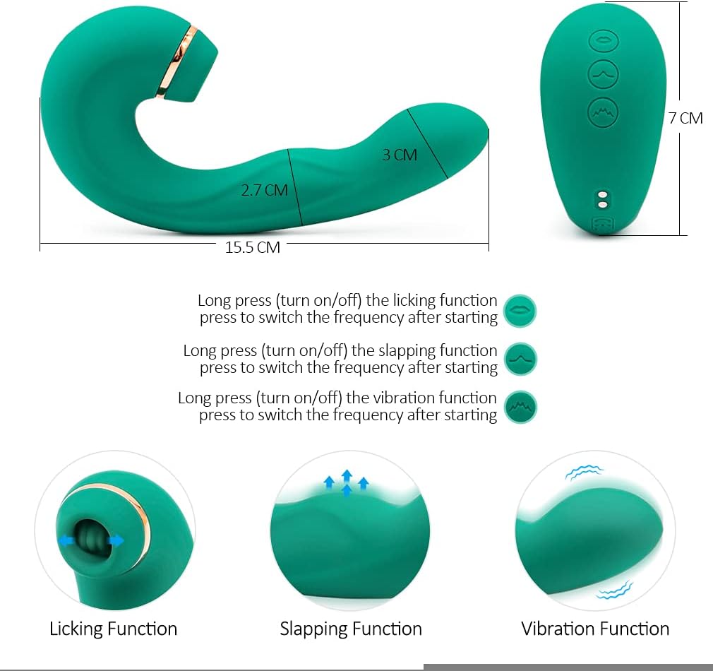 E-53 Green Tongue Slapper G-Spot vibrator with clitoral stimulator and lick-and-slapping functions, featuring sleek design and textured surface.