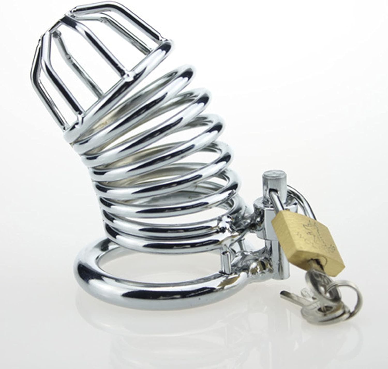 A-53 HelixLock spiral metal chastity cage for men, compact and secure steel design with smooth finish.