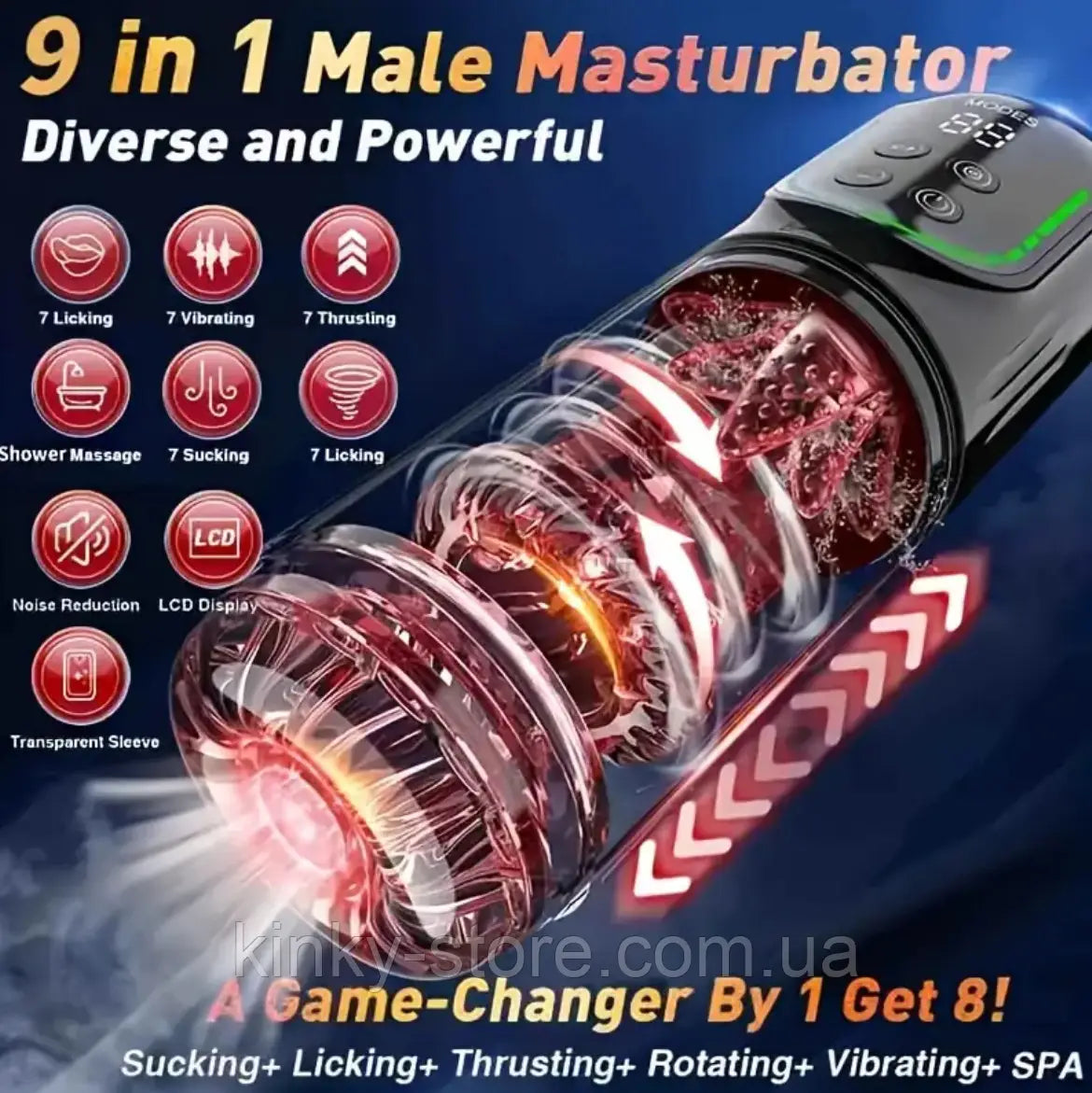 A-34 9-in-1 hurricane automatic male masturbator with multiple textured sleeves and ergonomic design.