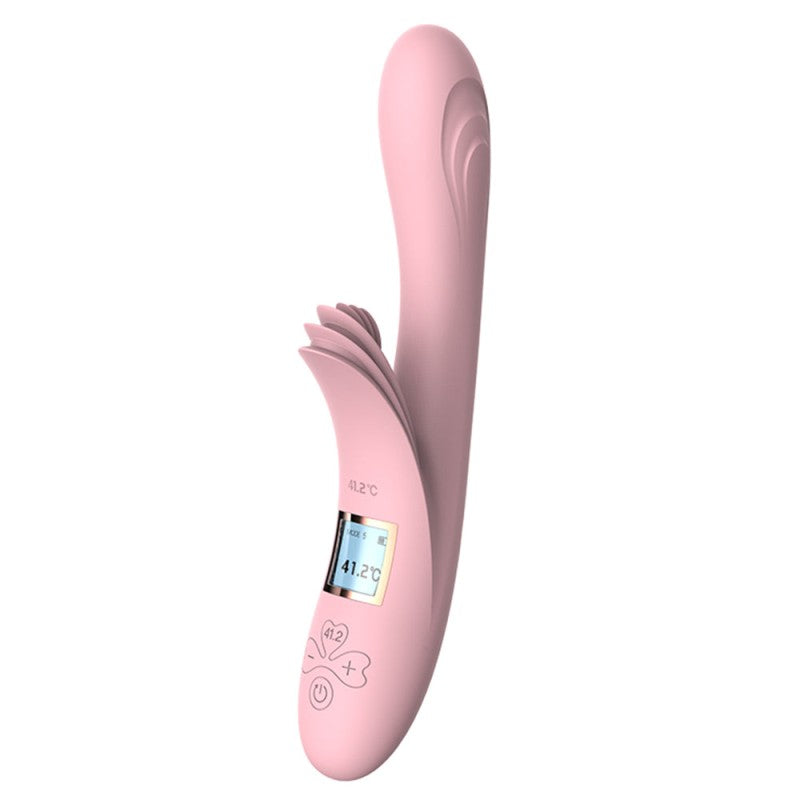 C-32 BlossomHeat Digital Warming Petal Rabbit Vibrator with floral design, dual motors, and adjustable warming feature.
