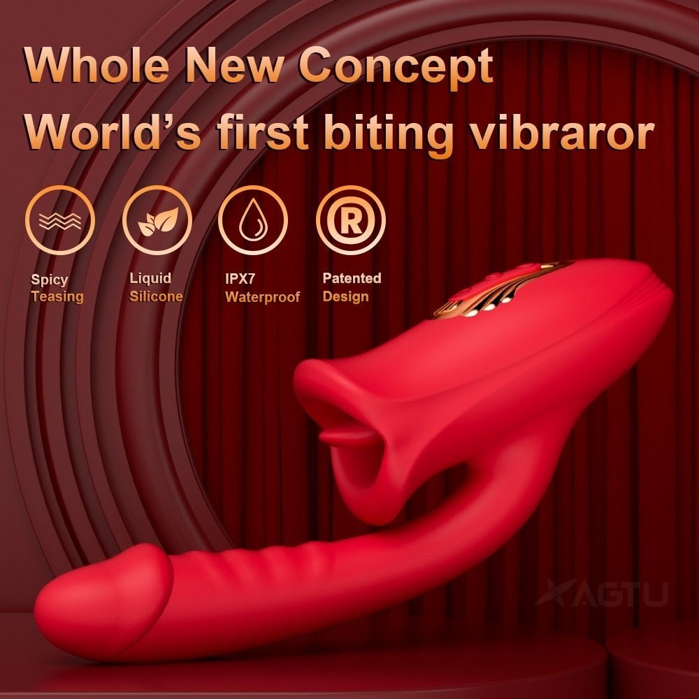 Crimson Bite Thruster by F-34, sleek red gaming mouse with ergonomic design and customizable buttons, close-up view.