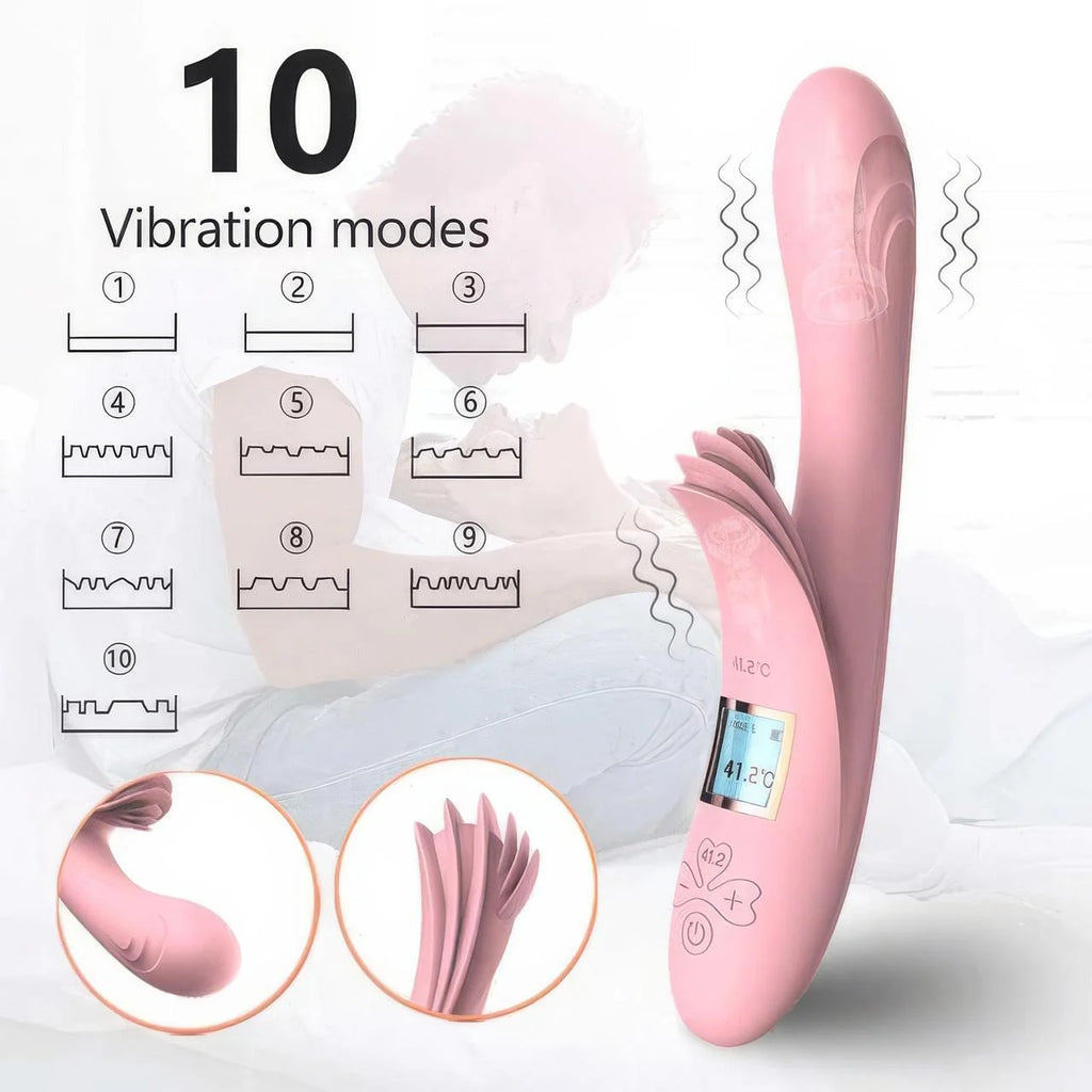C-32 BlossomHeat Digital Warming Petal Rabbit Vibrator with dual motors and floral design, designed for enhanced pleasure and warmth.