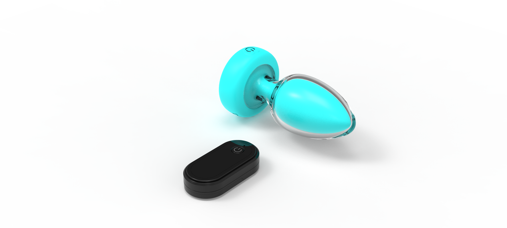 E-43 Türkis Ekstase Aqua Pulse remote-controlled vibrations anal plug with turquoise design, flexible silicone material, and ergonomic shape.
