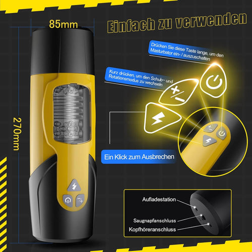 A-32 Gelber Sturm automatic masturbator with textured interior and sleek design, shown in a close-up image.