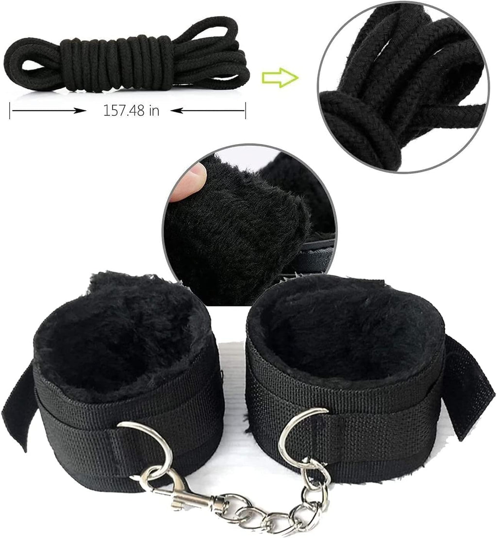 Beginner BDSM bondage set from B-13 and B-21 featuring soft restraints, blindfold, and accessories for novice play.
