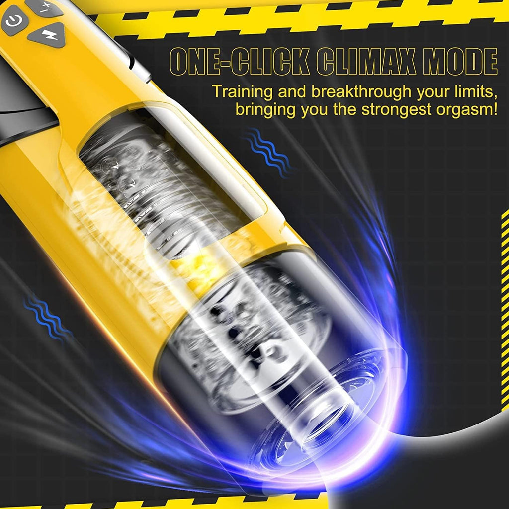 A-32 Gelber Sturm automatic male masturbator with textured interior, sleek yellow design, and ergonomic shape for pleasure.