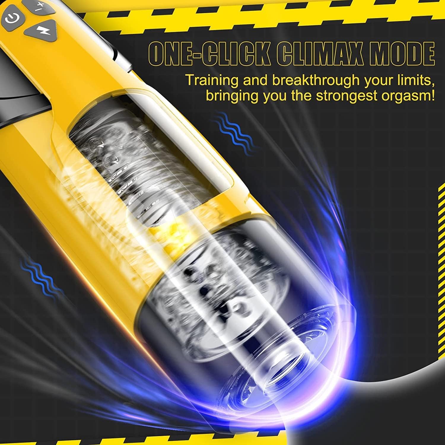 A-32 Gelber Sturm automatic male masturbator with textured interior, sleek yellow design, and ergonomic shape for pleasure.