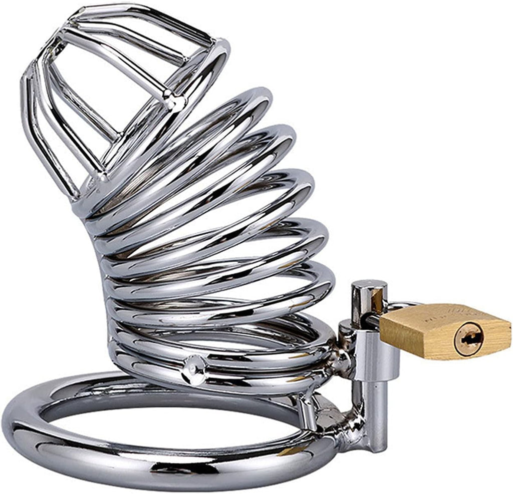 A-53 HelixLock Spiral Chastity Cage in metal, male keuschheitskäfig with spiral design, sleek and secure for adult use.