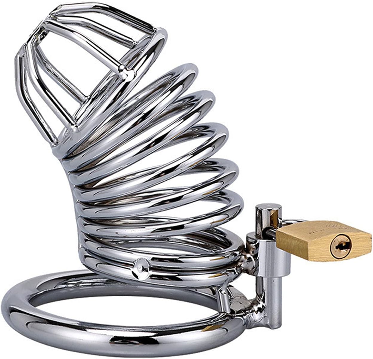 A-53 HelixLock Spiral Chastity Cage in metal, male keuschheitskäfig with spiral design, sleek and secure for adult use.