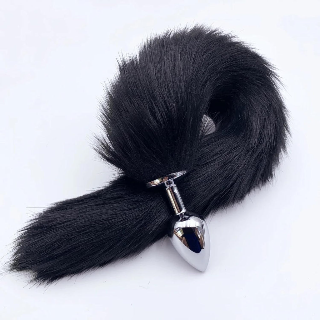 Grey, pink, and black fox tail anal plug from E-12, E-13, E-11 with a realistic fox tail attached for sensual play and costume wear.