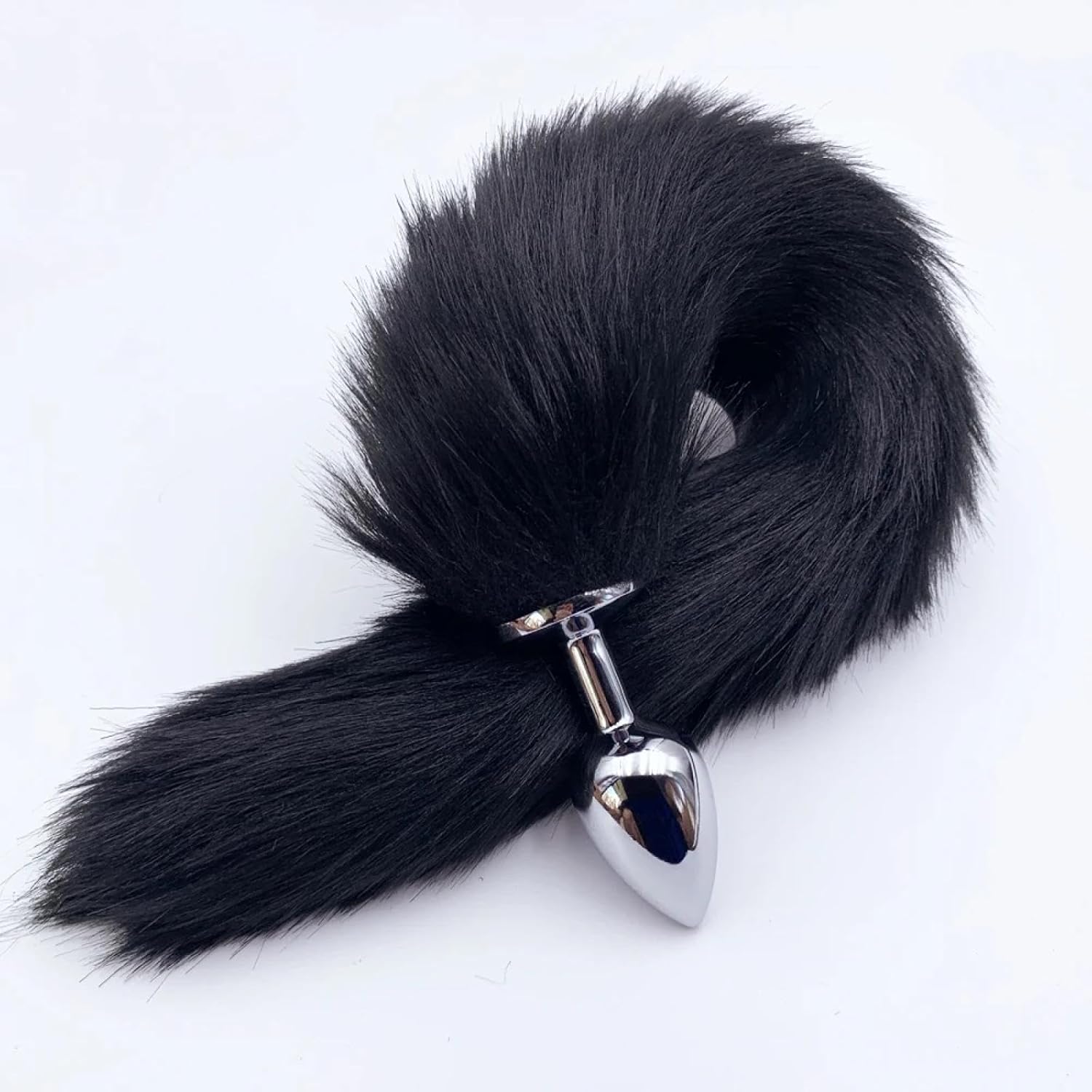 Grey, pink, and black fox tail anal plug from E-12, E-13, E-11 with a realistic fox tail attached for sensual play and costume wear.