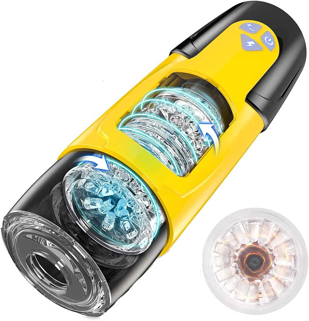 A-32 Gelber Sturm automatic masturbator with textured interior and compact design, showcasing its sleek shape and material.