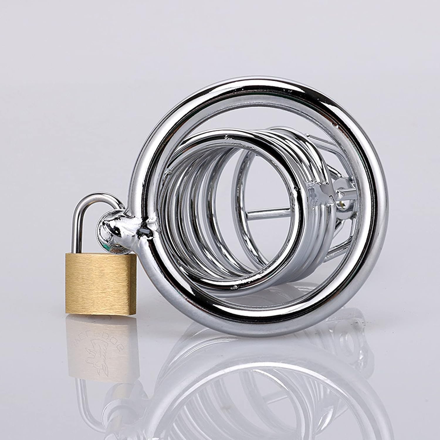 A-53 HelixLock Spiral Chastity Cage made of metal, designed for male chastity, featuring a spiral design and secure locking mechanism.