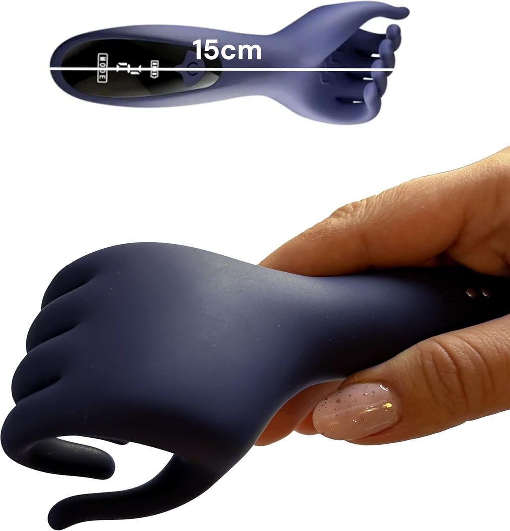D-44 Hand der Lust vibrator in hand, discreet personal massager with smooth surface and ergonomic design for intimate pleasure.