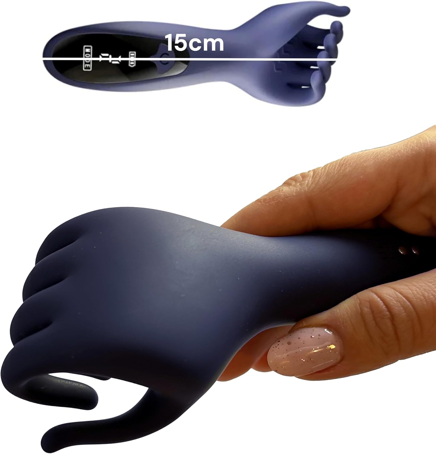 D-44 Hand der Lust vibrator in hand, discreet personal massager with smooth surface and ergonomic design for intimate pleasure.