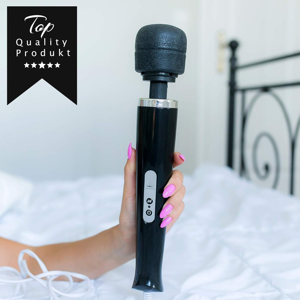 D-38 Wand Pro wand-massager with interchangeable head, handheld personal massage device, black with ergonomic design
