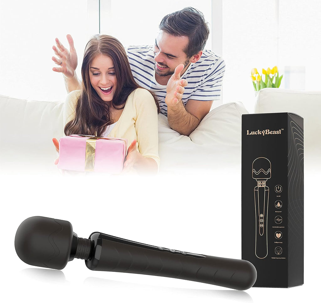 E-49 LuckyBeast Mini Wand Massager with warming function, compact handheld personal massage device, black color with ergonomic design.