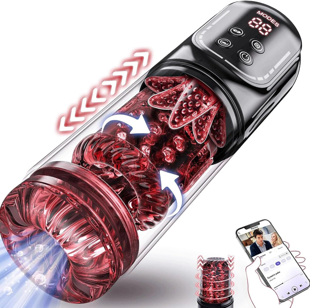 A-34 9-in-1 Hurricane automatic male masturbator with multiple textured sleeves and sleek black design.
