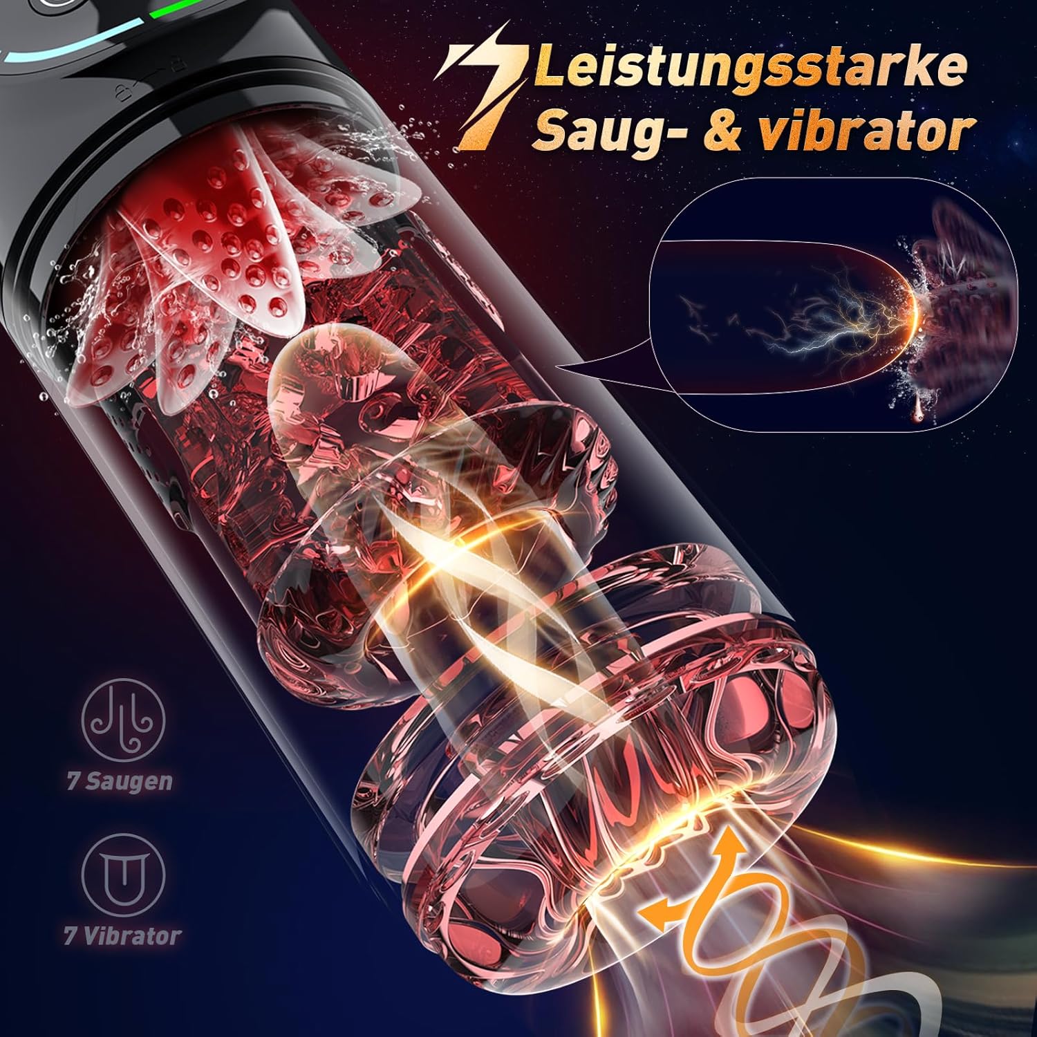 A-34 9-in-1 Hurrikan automatic male masturbator with textured silicone sleeve and multiple stimulation modes.