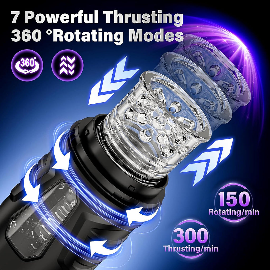 A-31 VortexX Pulse 3D automatic male masturbator with rotation and 8-12Hz thrusts, USB rechargeable, sleek black design.